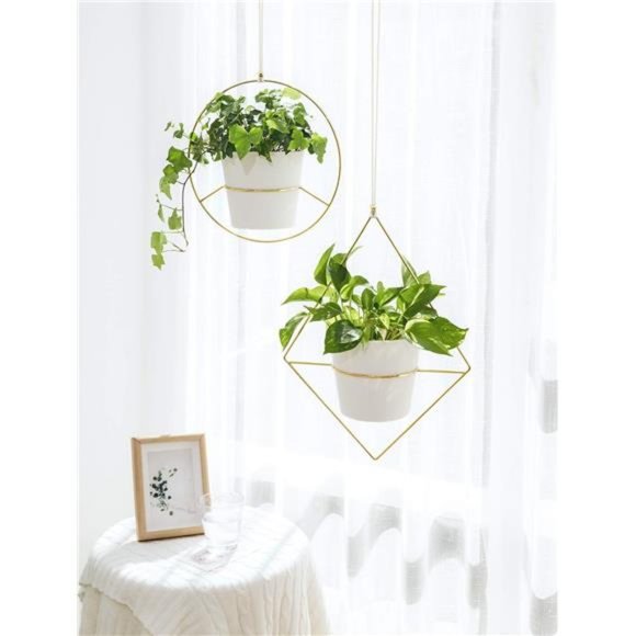 Boho Metal Hanging Planter with Plastic Pots, Set of 2 , Modern Mid Century - Picture 2 of 6
